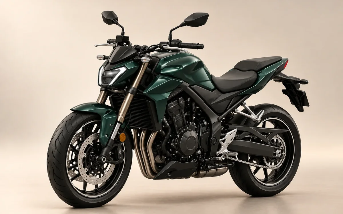 Moto de rua estacionada em frente a um prédio