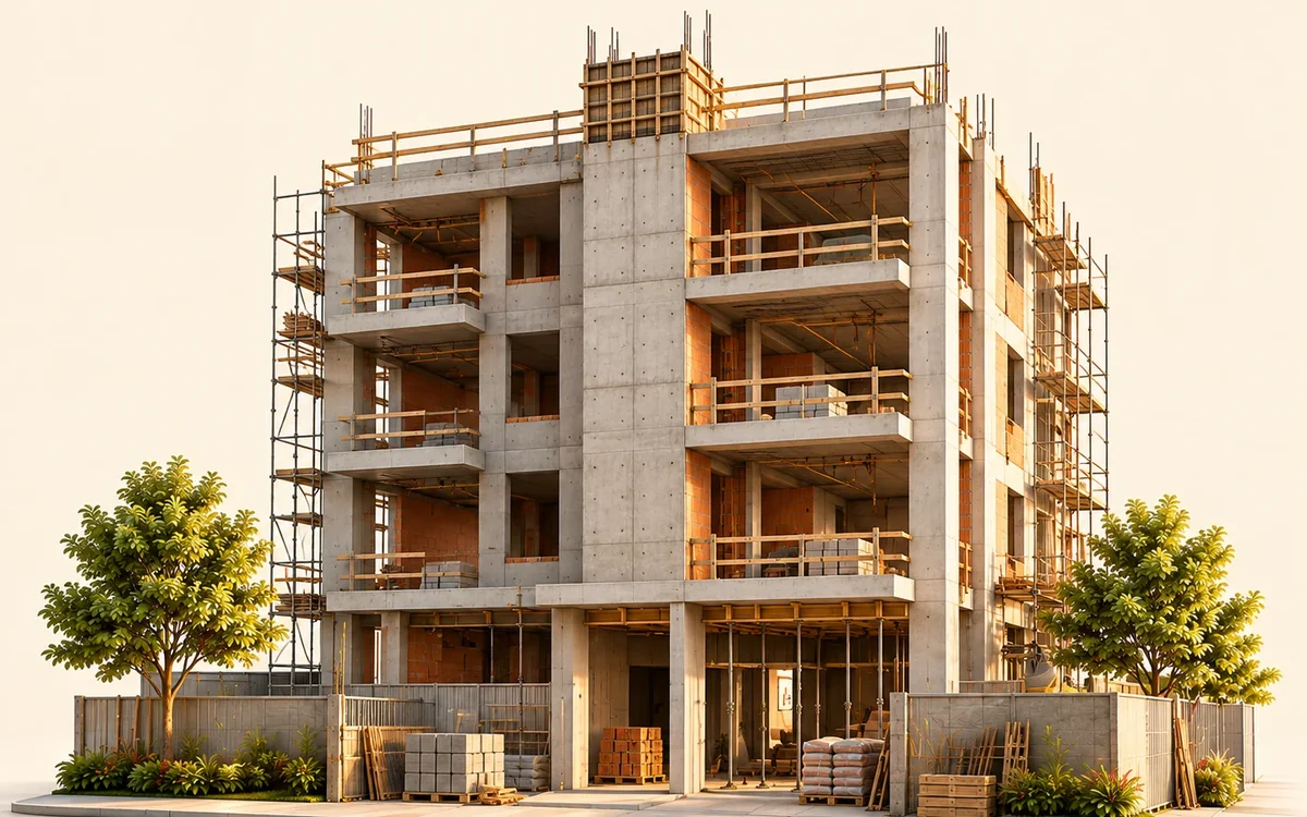 Prédio em obra, com andaimes e material de construção na calçada